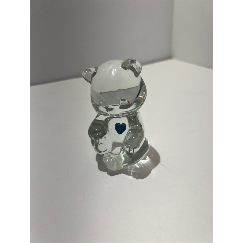 Vintage Fenton Crystal Bear Figurine Blue Heart Glass Paperweight Clear